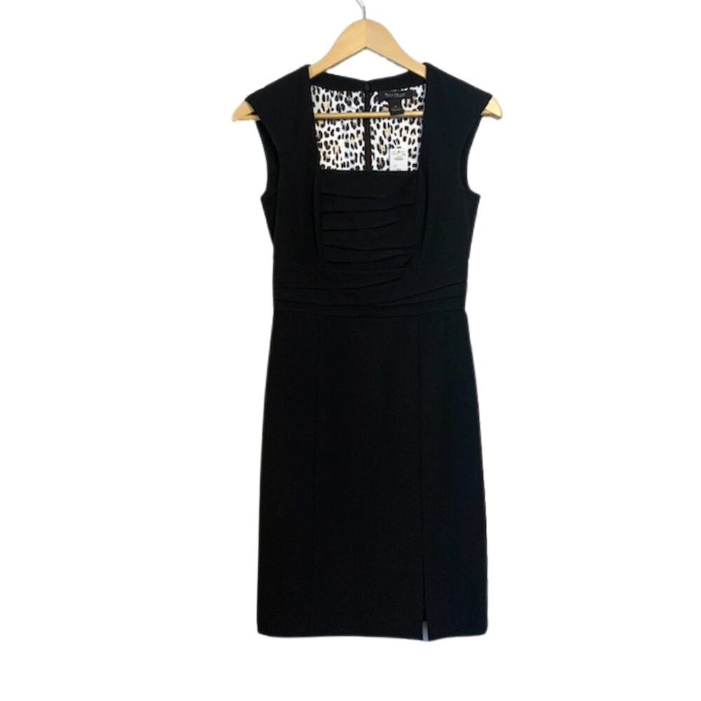 WHBM Black Sleeveless Square Neck Pleated Leopard Lined Bodice Dress | 0